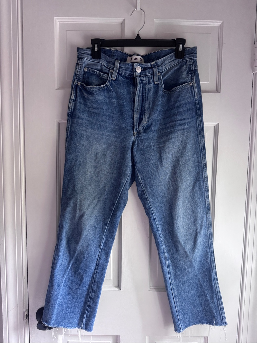 AMO Size 28 High Rise Straight Leg Jeans Medium Wash Raw Hem USA Made